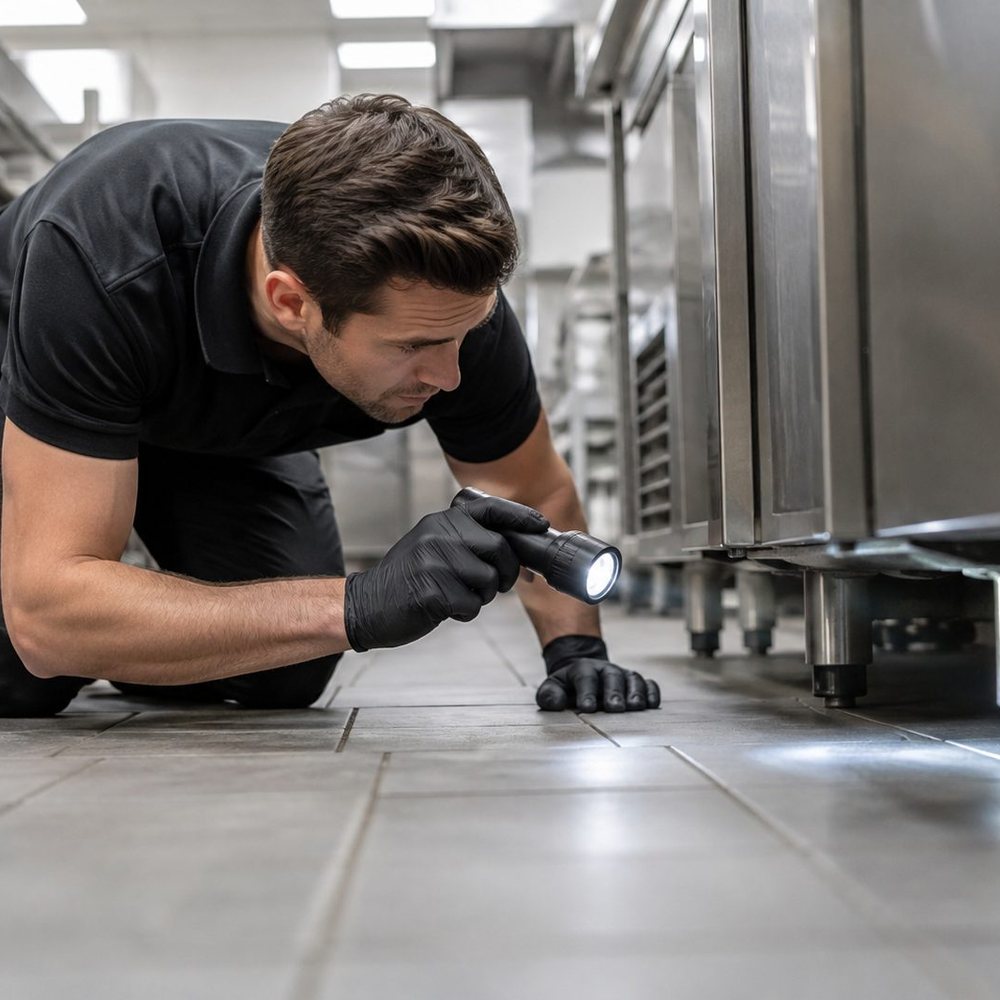 Technician inspecting a commercial kitchen for pests