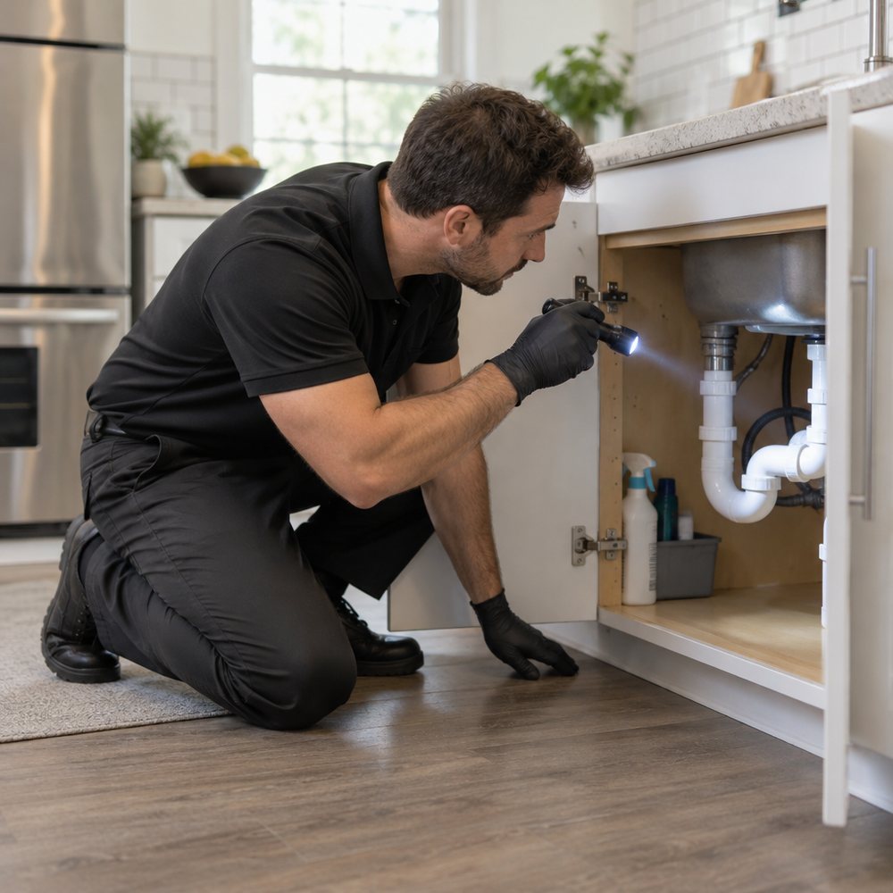 Technician inspecting under a kitchen sink for cockroaches