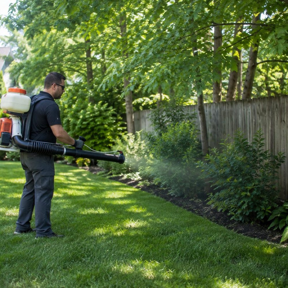 Technician treating backyard shrubs for mosquitoes