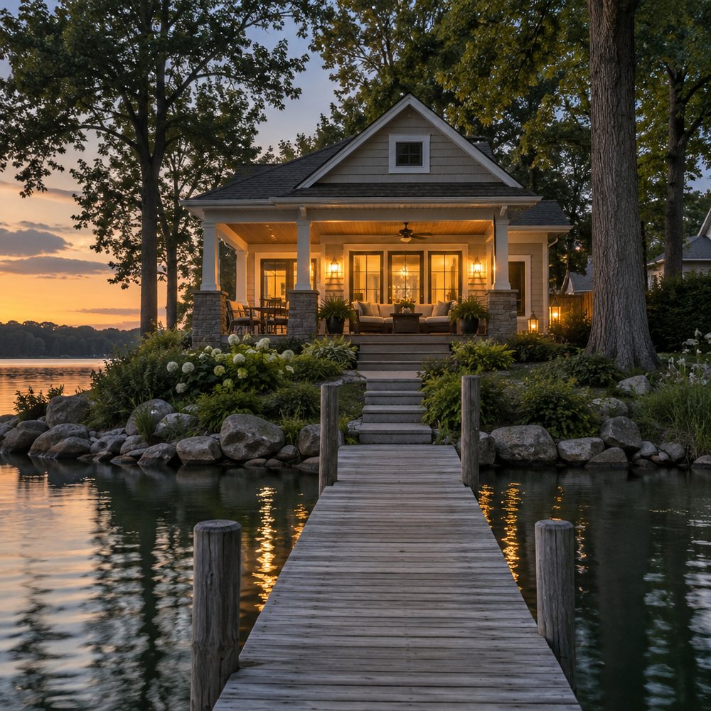 Lakeside cottage porch at dusk
