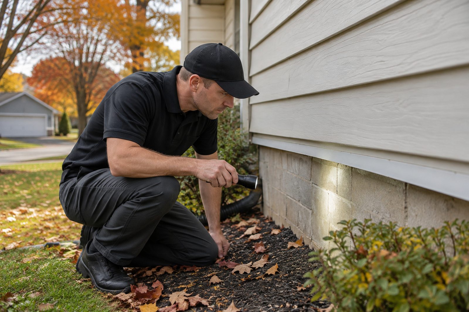 Pest control technician inspecting a home foundation in Fort Wayne, IN